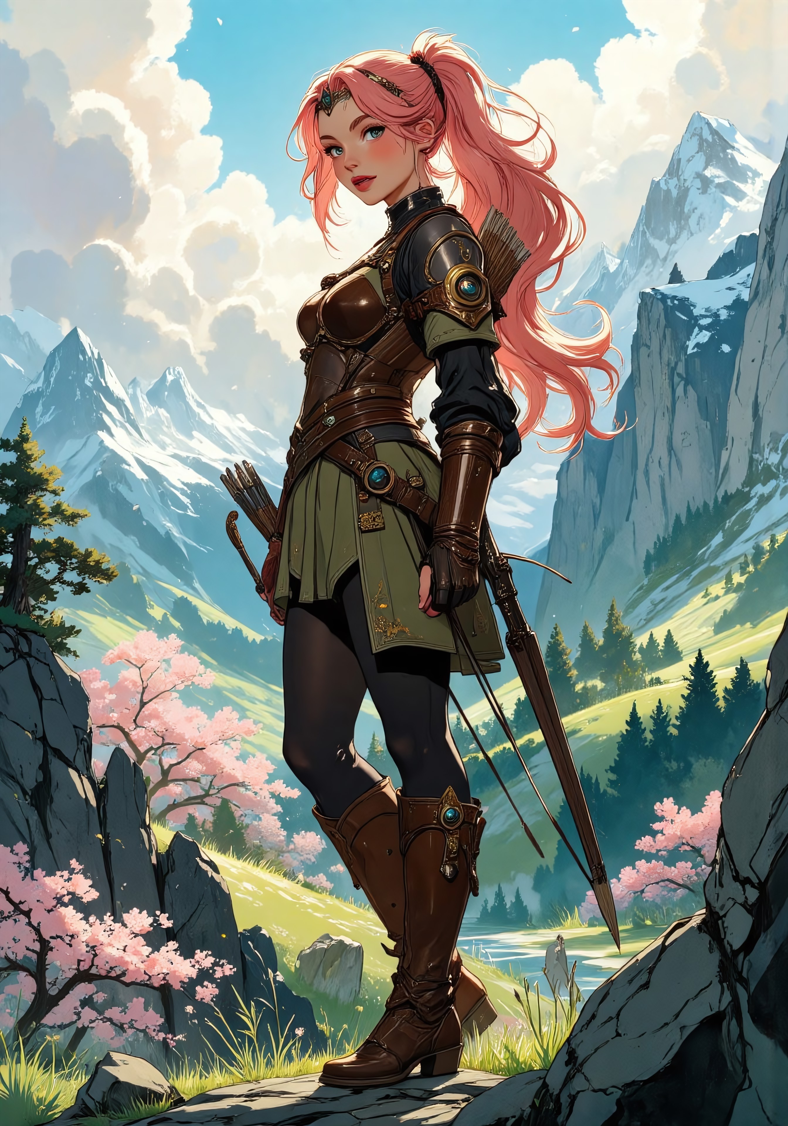 Anime art, Full-length, gorgeous fantasy warrior, long pink hair in a high ponytail, tiara, tight brown leather armor, standing on a hill. Big, full, high breasts, tight waist, round thighs, green eyes, no blush. Small green skirt, knee-high brown leather boots. Backdrop of fantasy highlands in spring, bright and growing spring colors with patches of snow, icy lakes and wooded areas, full of blossoming cherry trees, topknot ponytail hairstyle, diffused lighting, determined facial expression, intricate armor details. holding a bow, arrow quiver on back. <lora:aidmaMJ6.1_v0.5_3:0.5>,  <lora:Anime Art V3_Flux:0.5>, <aidmamj6.1>, <painted world>