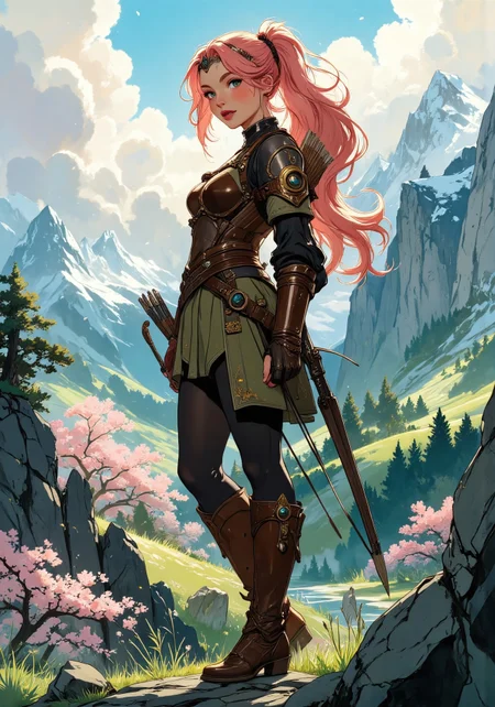 Anime art, Full-length, gorgeous fantasy warrior, long pink hair in a high ponytail, tiara, tight brown leather armor, standing on a hill. Big, full, high breasts, tight waist, round thighs, green eyes, no blush. Small green skirt, knee-high brown leather boots. Backdrop of fantasy highlands in spring, bright and growing spring colors with patches of snow, icy lakes and wooded areas, full of blossoming cherry trees, topknot ponytail hairstyle, diffused lighting, determined facial expression, intricate armor details. holding a bow, arrow quiver on back. <lora:aidmaMJ6.1_v0.5_3:0.5>, <lora:Anime Art V3_Flux:0.5>, <aidmamj6.1>, <painted world>