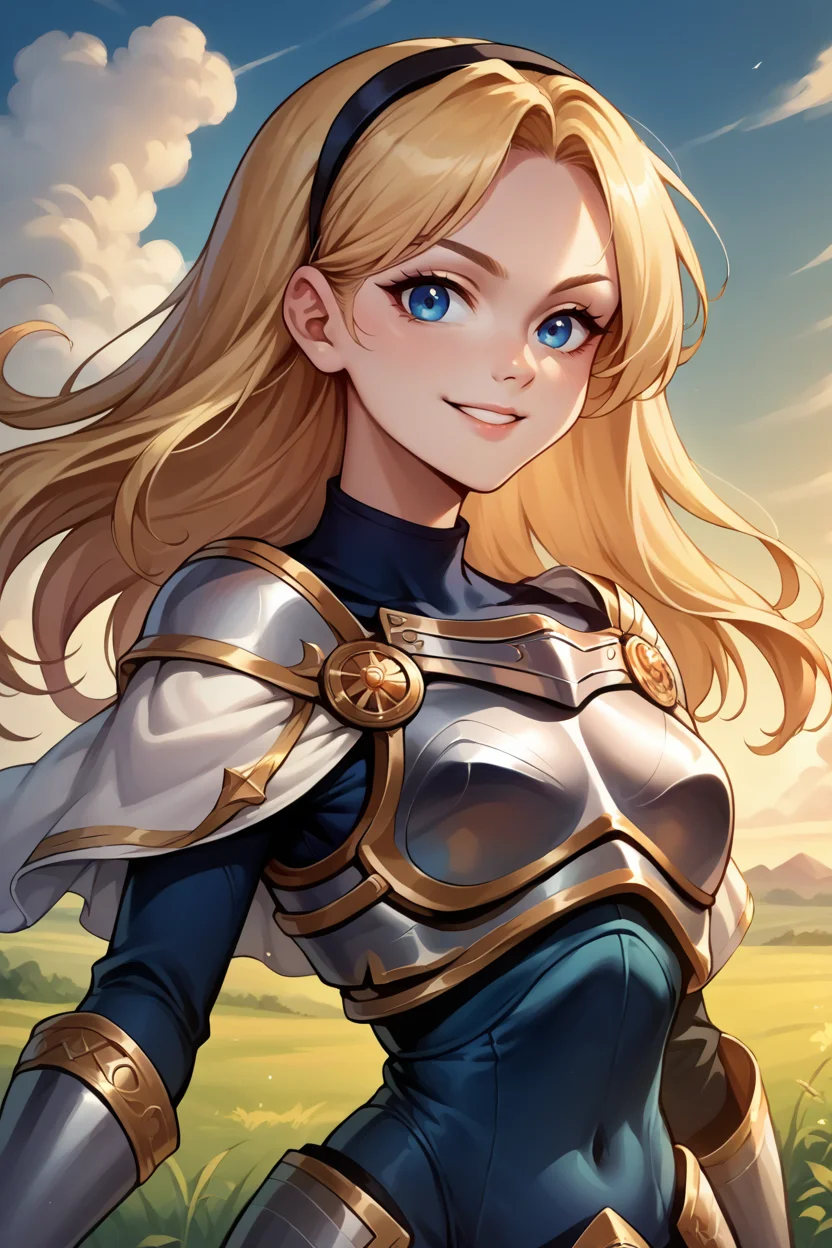 score_9, score_8_up, score_7_up, score_6_up, source_anime, 1girl, solo, <lora:lux-pdxl-nvwls-v1-000005:1> deflux, blonde hair, blue eyes, long hair, black hairband, armor, blue bodysuit, long sleeves, blue sleeves, bracers, white gloves, armored boots, looking at you, blue sky, clouds, upper body, sunset, field, happy, serene smile