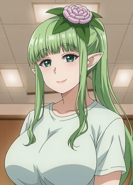 <lora:Kusahanada-Elf-san_wa_Yaserarenai.:0.8>,Kusahanada,1girl,solo,green hair,pointy ears,green eyes,hair flower,long hair,ponytail,large breasts,shirt,upper body,looking at viewer,indoors,smile