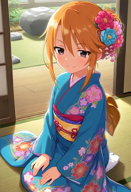 masterpiece,best quality,amazing quality, yuuki haru, orange hair, brown eyes, 1girl, japanese clothes, kimono, solo, hair ornament, flower, seiza, hair flower, smile, blue kimono, sitting, tatami
