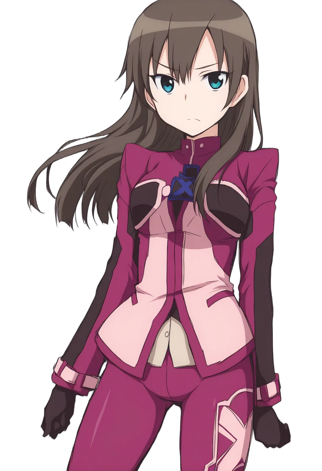 masterpiece, 1girl, solo, c-haru, brown hair, long hair, aqua eyes, pink jacket, pink legwear, long sleeves, black gloves, looking at viewer, outdoors, day, light rays, sun, sky, lens flare, hand on own hip,