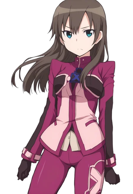 masterpiece, 1girl, solo, c-haru, brown hair, long hair, aqua eyes, pink jacket, pink legwear, long sleeves, black gloves, looking at viewer, outdoors, day, light rays, sun, sky, lens flare, hand on own hip,
