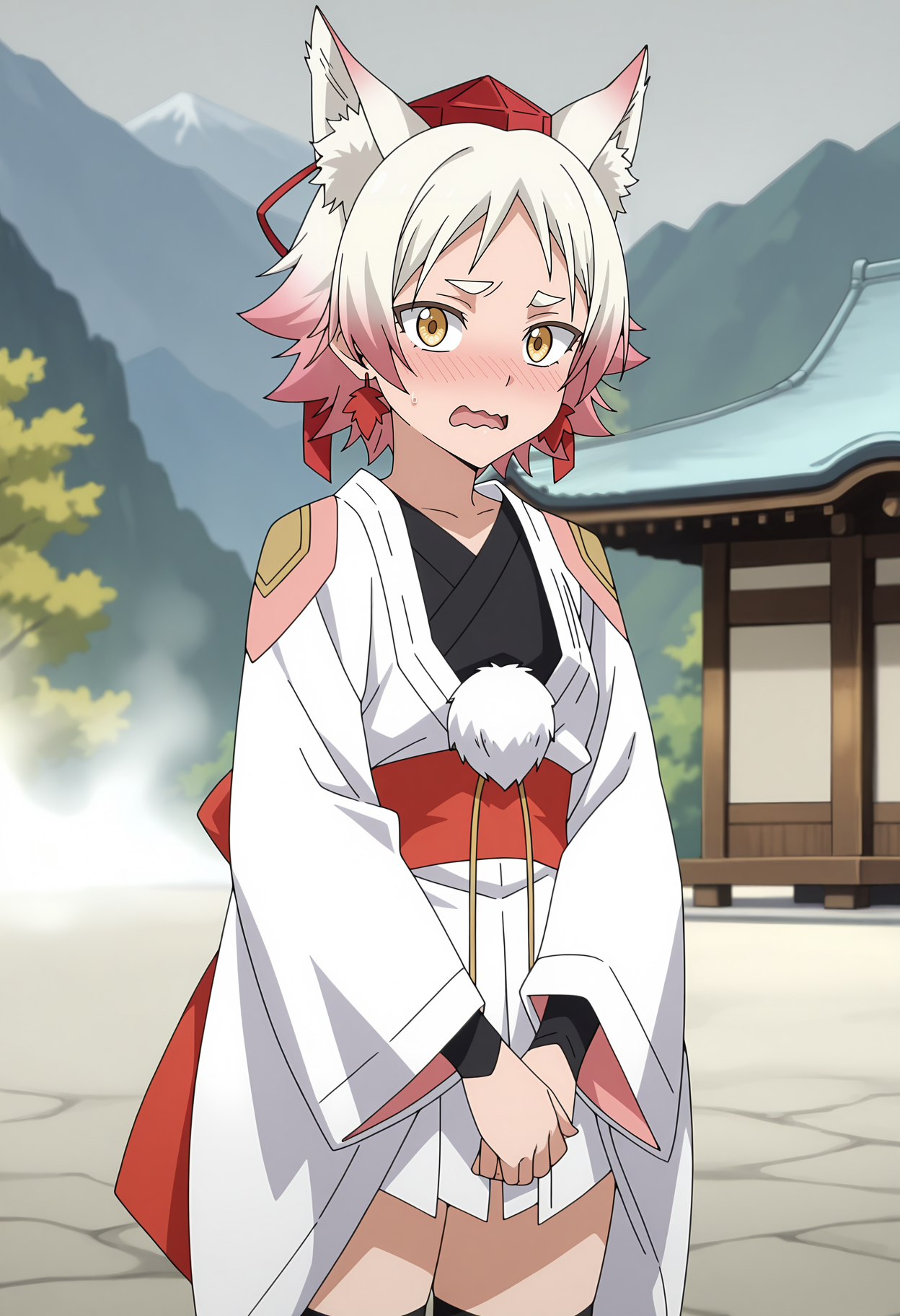 anime screencap, masterpiece, best quality,
<lora:TenSura_Momiji_IlluXL:0.9>,
1girl, solo, open mouth, wavy mouth, nose blush,
multicolored hair, short hair, white hair, pink hair, yellow eyes, wolf ears, hair ribbon, leaf earrings,
tokin hat, red headwear, white kimono, black shirt, red sash, pom pom \(clothes\), long sleeves, black thighhighs,
own hands together, standing, looking at viewer, cowboy shot,
blurry background, east asian architecture, outdoors, mountainous horizon, grey sky, fog, grey background