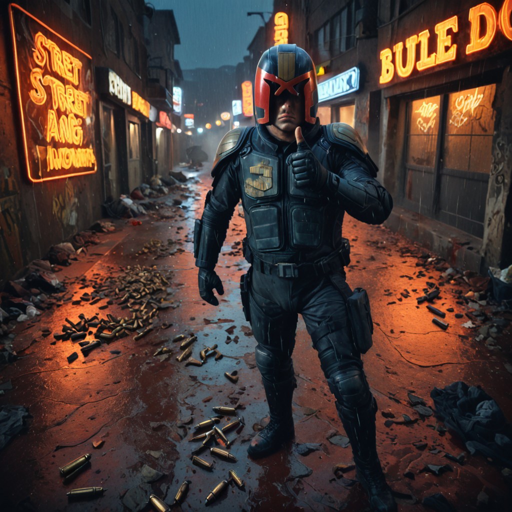1 man,  judge dredd wearing helmet, (on the street), (pointing up), (scowling), (looking to the right), angry, from above, body armor, bullet casings, smoke, graffiti, trash on ground, (blood on ground), bullet holes, dynamic lighting, (dark), (orange neon lights), (night time), (raining), extreme high quality, gritty, jdgdrdd, rubble, explosions, (wet), (puddles), (heroic stance)