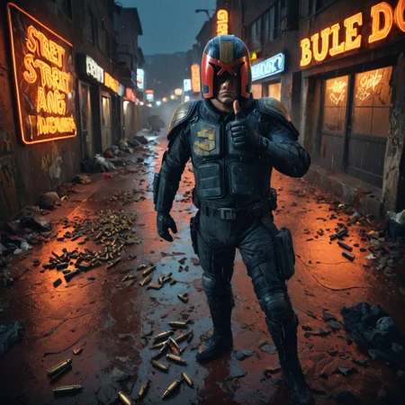 1 man,  judge dredd wearing helmet, (on the street), (pointing up), (scowling), (looking to the right), angry, from above, body armor, bullet casings, smoke, graffiti, trash on ground, (blood on ground), bullet holes, dynamic lighting, (dark), (orange neon lights), (night time), (raining), extreme high quality, gritty, jdgdrdd, rubble, explosions, (wet), (puddles), (heroic stance)