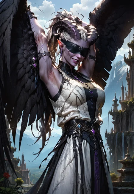 (absurdres, best quality, masterpiece:1.4),
score_9, score_8_up, score_7_up, score_6_up,
detailed,
detailed body,
detailed face,
fantasy,
female,
tiefling,
h0rns,
ram horns,
black horns,
tall,
((((purple skin)))),
((long grey hair, ponytail)),
(((wingsd, black wings))),
stretching,
soft smile,
(white robe, sleeveless,
blindfold, black cloth blindfold),
depth of field,
outdoors,
mountain temple,
upper body