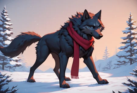 score_9, score_8, score_7, (masterpiece), best quality, expressive eyes, perfect face, fl00ffymadn3ss, (wolf, feral wolf, sleek, slender), black fur, navy eyes, male, (snow, blizzard), cute pose, scarf