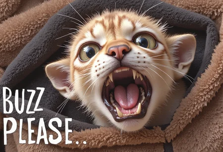 A cute fluffy cat with big sad begging eyes, big text below that says "Buzz please" <lora:New_Fantasy_CoreV4_FLUX:1>