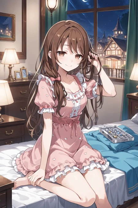 score_max, (score_9, score_8_up, score_7_up:1.0), score_6_up, official art,
, masterpiece, absurdres, high detail, 8k,
night, bed, chest of drawers, town lights,
sitting, wariza, holding hair brush, treatment own hair, own hair, half-closed eyes, light smile,
ranan, brown hair, brown eyes, long hair, hair over shoulder, pink pajamas, frills, puffy short sleeves, ribbon trim, barefoot,
<lora:XL_Pony_gomaotsu-ranun-t1:0.9>