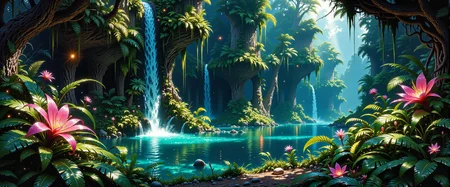 highly detailed mystical realism oil painting in the style of johan christian dahl and maurice sapiro, ancient, dark jungle brimming with life, an enchanted forest hidden deep in mystery, in the foreground, large, otherworldly plants with vibrant, exotic leaves and gorgeous astounding flowers edge a glowing azure pool, lush layers of vegetation framing the waterfallâs base, dark shadows fill the corners, the center scene features a narrow, bioluminescent waterfall cascading down a rugged, multi-tiered cliff, its gentle glow casting a faint blue-green light, thick, emerald moss covers the cliff, hinting at untold ages, in the background, the dense foliage extends into the shadows, punctuated by faint glows from hidden recesses, suggesting unseen life, a medium-wide shot with slight overhead perspective, capturing the waterfall, pool, and dense jungle foliage in a balanced, layered composition, dynamic chiaroscuro lighting, with warm dappled light filtering through the thick jungle canopy, soft, ethereal glow around the waterfall and pool, faint reflections off the vibrant plants, intricate textures and shadow detail, soft interplay between deep green shadows and luminous highlights, painting-quality detail, realistic contrasts, and rich color gradations, ethereal and mesmerizing scenery, in the style of ck-ovf, <lora:ultima-flux-by_sterlingangel:0.32> <lora:style-oneviolentfantasy-ep21-flux-by_chronoknight:0.84>