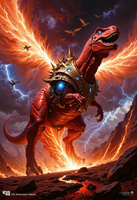A majestic, fiery-red Tyrannosaurus Rex, a creature of immense power known as Dino Might from the popular card game Magic: The Gathering. Standing tall and proud at the center, its muscular body is adorned with intricate armor plating that glows with a magical aura, hinting at its mythic nature. Its eyes are a piercing blue, filled with intelligence and a fiery determination. The dinosaur is surrounded by an elemental storm of crackling lightning and swirling flames, a testament to its fiery breath and formidable strength. In the background, a volcanic landscape erupts with molten lava, emphasizing the raw power and primal energy that the creature embodies. The sky is a tumultuous mix of dark clouds, red from the reflected lava, and bolts of lightning, setting a dramatic stage for the battle-ready Dino Might. The creature's tail is raised in a menacing posture, while its massive claws are flexed, ready to strike. Above the T-Rex, a swarm of pterodactyls, also bathed in the fiery glow, fly in a majestic 'V' formation, as if heralding the arrival of a mighty warrior. The image is framed by the iconic Magic: The Gathering border, complete with the card's title, mana cost, and text box detailing its powerful abilities. The art style is a blend of fantasy and realism, bringing to life the imagination and strategy of the game in a breathtaking visual representation.