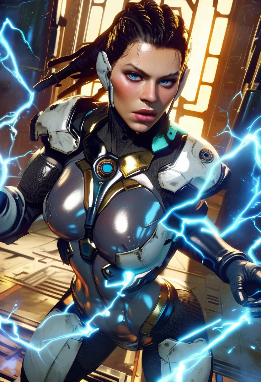 1girl, solo, beautiful woman, fair skin, beautiful face, blue eyes, eyelashes, makeup, full lips, sharenxl, dreadlocks, ponytail hair, breasts, narrow waist, wide hips,
bodysuit,armor,,helmet,
indoors, science fiction, military base,
action pose, fighting stance, looking at viewer, in motion,electricity,
BREAK
score_9, score_8_up, score_7_up, score_6_up, source_cartoon, rating_dubious,