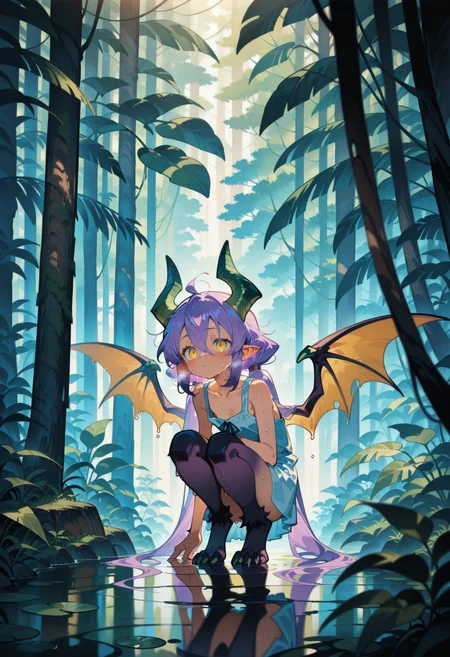 1girl, (monster girl, green horns, bat wings),   purple hair, very long hair, pointy hair, low twintails, hair between eyes,  yellow eye,   skinny,  
BREAK   1girl, squatting,    sweat, sweating,  
BREAK              erotic, cyan school uniform, jungle, rainforest, amazon, (cyan background),   magazine cover, 
BREAK safe, masterpiece, best quality, very aesthetic, absurdres, highres, scenery, newest, <lora:ponyv5_noobE11_1_adamW:0.5>, <lora:UNSTABLE_v0.7:0.7>