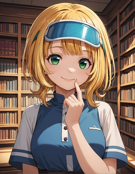 score_9, score_8_up, source_anime, 1girl, upper body, medium shot, detailed, mgrckonomiharuna, blonde hair, short hair, green eyes, blue blouse, smiling, hand on chin, indoors, library, blue visor, (side view:0.6), <lora:mgrckonomiharuna_XL:0.85>