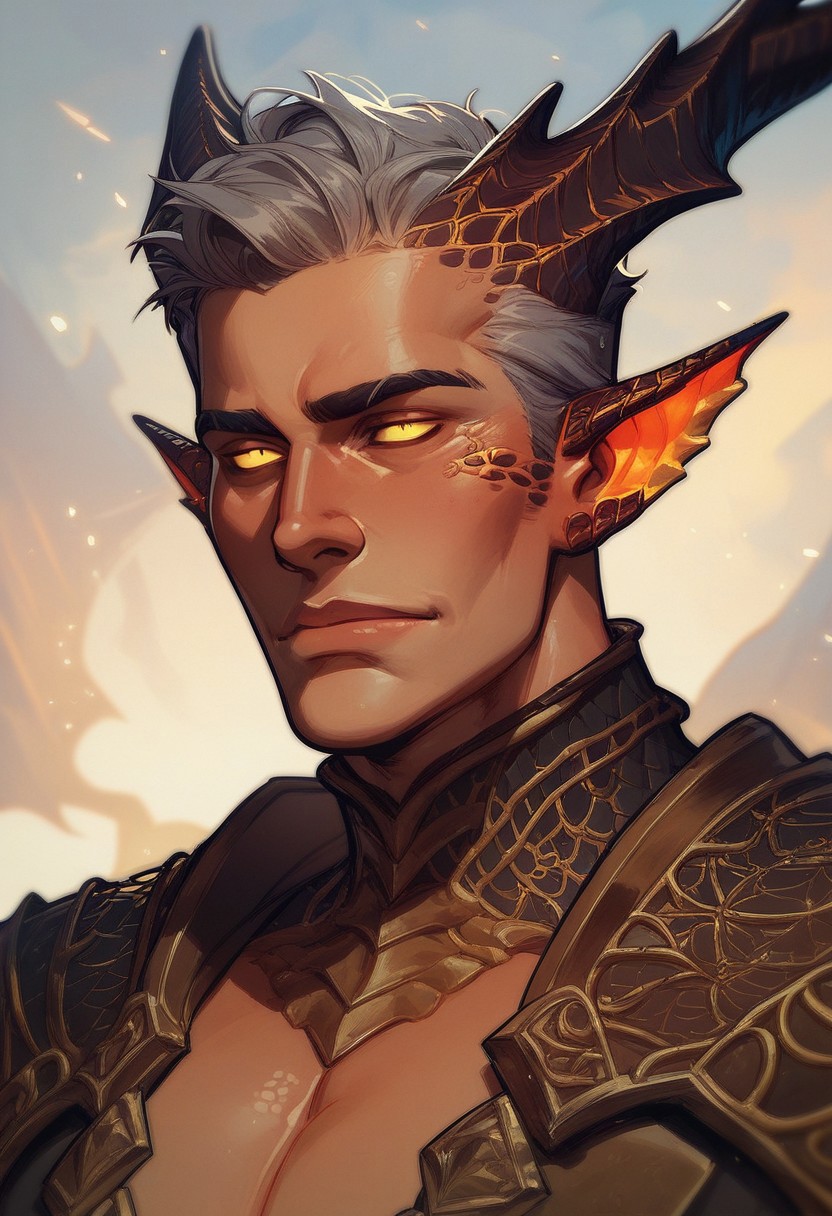 score_9, score_8_up, score_8, score_7_up, score_7, score_6_up, score_6, score_5_up, handsome man, light skin with a hint of red, glowing white eyes, silver hair, gold accessories, elegant outfit, armor, (dragon scales, dragon scales on face, gold scales:1.1), monster ears, jagged ears, emotionless expression, vox machine style, 1boy, male focus, solo, close up portrait , fantasy, sky background, (dynamic lighting:1.1)
((masterpiece))