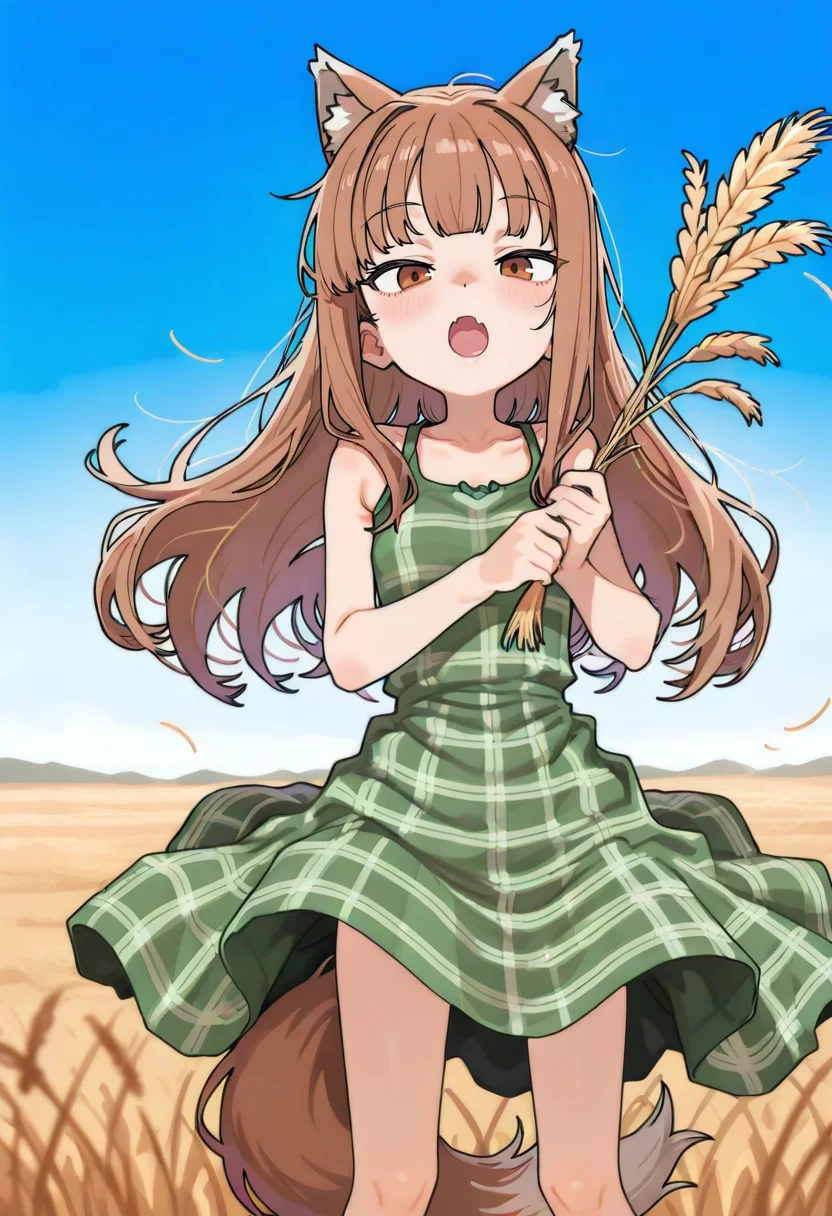 1girl,holo,spice and wolf,:o,alternate costume,animal ears,bare arms,blue sky,blunt bangs,blurry,blush,brown eyes,brown hair,day,depth of field,dress,fang,feet out of frame,floating hair,green dress,holding wheat,long hair,looking at object,open mouth,outdoors,plaid clothes,plaid dress,skin fang,sky,sleeveless,sleeveless dress,solo,standing,tail,tsurime,very long hair,wheat,wheat field,wind,wind lift,wolf ears,wolf girl,wolf tail,small breast,floating clothes,straight-on,bare shoulders,breasts,looking at viewer,hands up,animal ear fluff <lora:sabotenmanXL_NBVP1_lokr_V6311PZ:0.95>