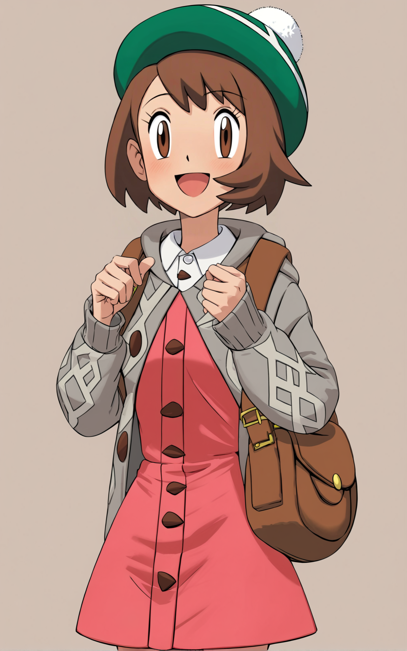 score_9, score_8_up, score_7_up, score_6_up, score_5_up, zPDXL2, max detail, 4k wallpaper, masterpiece, best quality, absurdres, highres, dynamic angle, dynamic pose, source_anime, PokemonStyle, pokemon \(anime\), pokemon \(classic anime\), flat color,
 <lora:Pokemon:1>
1girl, scorbunny, gloria (pokemon), brown hair, pokemon (creature), hat, bag, backpack, brown eyes, open mouth, smile, tam o' shanter, short hair, green headwear, cardigan, holding strap, grey cardigan, dress, simple background, long sleeves, pink dress, collared dress, cowboy shot, :d, bangs, looking at viewer, brown bag, buttons, brown background