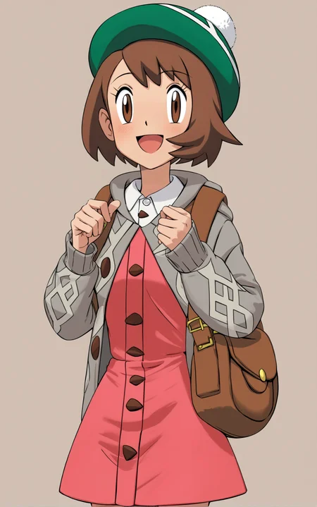 score_9, score_8_up, score_7_up, score_6_up, score_5_up, zPDXL2, max detail, 4k wallpaper, masterpiece, best quality, absurdres, highres, dynamic angle, dynamic pose, source_anime, PokemonStyle, pokemon \(anime\), pokemon \(classic anime\), flat color,
<lora:Pokemon:1>
1girl, scorbunny, gloria (pokemon), brown hair, pokemon (creature), hat, bag, backpack, brown eyes, open mouth, smile, tam o' shanter, short hair, green headwear, cardigan, holding strap, grey cardigan, dress, simple background, long sleeves, pink dress, collared dress, cowboy shot, :d, bangs, looking at viewer, brown bag, buttons, brown background