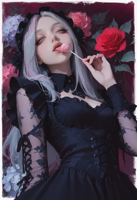 masterpiece, best quality, good quality, newest, highres, absurdres, from below,
pastel cyan eyes, grey hair, multi colored hair, long hair, hair ornament, twintale, 
victorian black maid dress, frilled skirt, half closed eyes, dazed, emotionless, small breasts, cleavage, adult,
1girl, solo, upper body, roses, hand up, licking lollipop, looking to the side, leaf, red roses, black roses, gradient purple background with thick white border,
hydrangea, laced sleeves, Ethereal Brushstroke, Flat vector illustration, rakugakingu, 
<lora:ppw_v7_animv4_1_r2:0.6> <lora:748cm_illu:0.6> 7481llu <lora:69yottea_illu_v2:0.4> <lora:illustrious_all_rated_v1:0.6> masterpiece, best quality, very aesthetic, <lora:LLDN-IL:0.6>