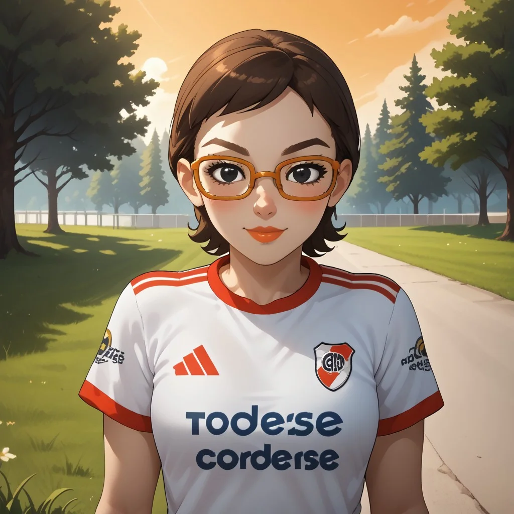 score_9, score_8, BREAK, solo, wii, mii, wii sports, 1girl, female mii, brown hair, orange glasses, black eyes, brown eyebrows, blush, lips, RiverPlate, striped shirt, striped, shirt, white shirt, short sleeves, clothes writing, sportswear, soccer uniform, white pants, cute, shoes, nintendo mii, modern_mii, classic_mii, breasts, Asami_(Wii_Sports), sexy pose, self portrait, smile, outdoors, sunlight, shadows, evening lighting, natural lighting, forest, trees, grass, orange sky, sunset
