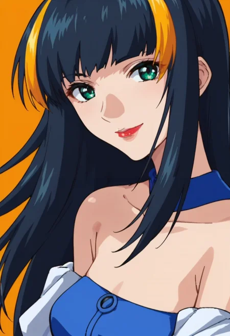 score_9,score_8_up,score_7_up,score_6_up,score_5_up,score_4_up,anime coloring,source_anime,<lora:Aisha_Gundam_SEED_Pony:0.8>,aisha,1girl,solo,green eyes,black hair,streaked hair,long hair,lipstick,blue bodysuit,bare shoulders,detached sleeves,smile,multicolored background,portrait,upper body,looking at viewer,