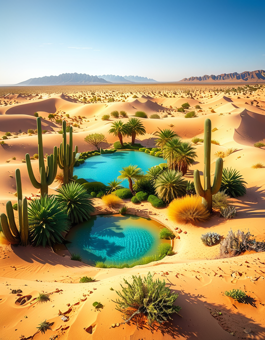 A serene oasis in the middle of an expansive golden desert, surrounded by rolling sand dunes under a vibrant blue sky. The oasis features a small, crystal-clear lagoon with calm, reflective water, bordered by lush green palm trees and colorful tropical plants. The scene is bathed in warm sunlight, with soft golden light illuminating the sand and creating subtle shadows among the dunes. In the background, faint silhouettes of distant mountains blend into the horizon. A few wisps of white clouds drift lazily in the sky, adding depth and texture to the composition. The overall atmosphere is peaceful and tranquil, evoking a sense of calm and wonder in the harsh desert landscape.<lora:SDXLFaeTastic2400:0.4> <lora:extremely_detailed:0.4> extremely detailed, <lora:O4s1s:1>,O4s1s, Masterpiece,best quality,hi res,8k,hi res,8k,award winning,(sharp focus, intricate, highly detailed),