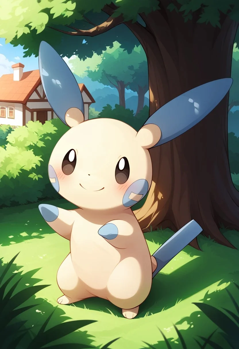 (source_anime, source_furry, score_9:1), (score_8_up, score_7_up:1), rating_explicit, BREAK solo,  mouth, ,smile, ,,feral,, garden,tree,house,,Pokemon (creature),cute,cute face, ,,,,,Minun