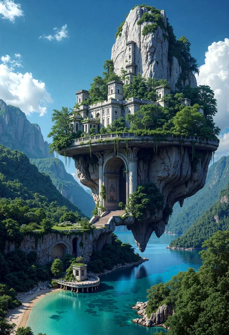 This is a stunning photograph taken from the ground at the edge of a lake, of a surreal and majestic floating island city that blends ancient architecture with enchanting elements in a mystical world suspended in the vibrant deep blue sky. This immense ancient city, with many old buildings made of a mixture of white stones and elegant towers, is built into the rock in the middle of a magnificent dense forest with majestic trees, held high and levitating well above a large turquoise lake with clear waters through which one can see the sandy bottom. The gigantic, presumably magnetic, rock that supports the structure is composed of several horizontal blocks, clinging to a nearby cliff, creating large aqueducts carved into the rock with ancient bas-reliefs carved into the rock, giving the illusion that it defies gravity. The terrain below is filled with lush green forests, clear rivers and waterfalls, and mountains, creating a stark contrast between the mystical city and the natural world below. The floating city is filled with trees, a forest city with the buildings emerging from the forest, adding a touch of nature to the enchanting environment. The city is supported by the enormous rock, which hovers high above the lake, providing stability to the island. A small cavern carved with pillars and a vault is visible in the magnetic rock beneath the city, with a ledge of white stone extending out like a landing zone, on either side wide stairs descending to the surface of the water, a small stone bridge at water level reaches the shore of the lake, this is the only entrance into the city. The vibrant blue sky above is clear, deep blue, with wisps of clouds, adding an ethereal glow to the scene. The color palette includes natural tones, vibrant greens, reflecting a balance between nature and mysticism. The photograph evokes feelings of wonder, harmony, and the limitless potential of combining the organic and magical worlds in peaceful fusion, a blend of old structures and enchanting elements.