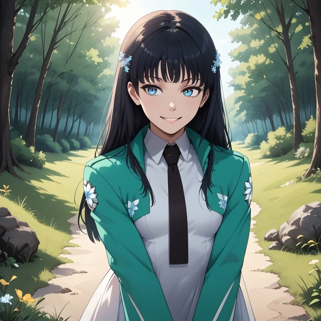 score_9, score_8, BREAK, solo, Shiba Miyuki, long black hair, dark blue eyes, snowflake hair ornament, yellow x hair ornament, school uniform, white long dress, sea-green cropped open jacket with long sleeves, black necktie, sexy pose, self portrait, smile, outdoors, sunlight, shadows, evening lighting, natural lighting, forest, trees, grass, orange sky, sunset