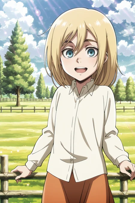 anime screencap, anime coloring, detailed face, masterpiece, best quality, very aesthetic, absurdres, bokeh, volumetric lighting, official style, amazing quality, ultra detailed,  highres, amazing quality, scenery, beautiful detailed hair, beautiful detailed eyes, 
 <lora:Historia_ReissKrista_Lenz_Attack_on_Titan_Season_3:1>
Young Historia (appearance), Historia Reiss (character), blonde hair, fence, 1girl, krista lenz, solo, cloud, smile, sky, day, blue eyes, aged down, tree, outdoors, child, cowboy shot, looking at the viewer, :D