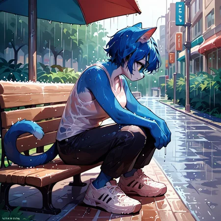 blue Anthro cat, Audr3yC4t,
score_9, score_8_up, score_7_up, source_anime, Sitting on park bench, city street, white tank top, black shorts, white shoes, raining, soaked, sad, From side, full body,