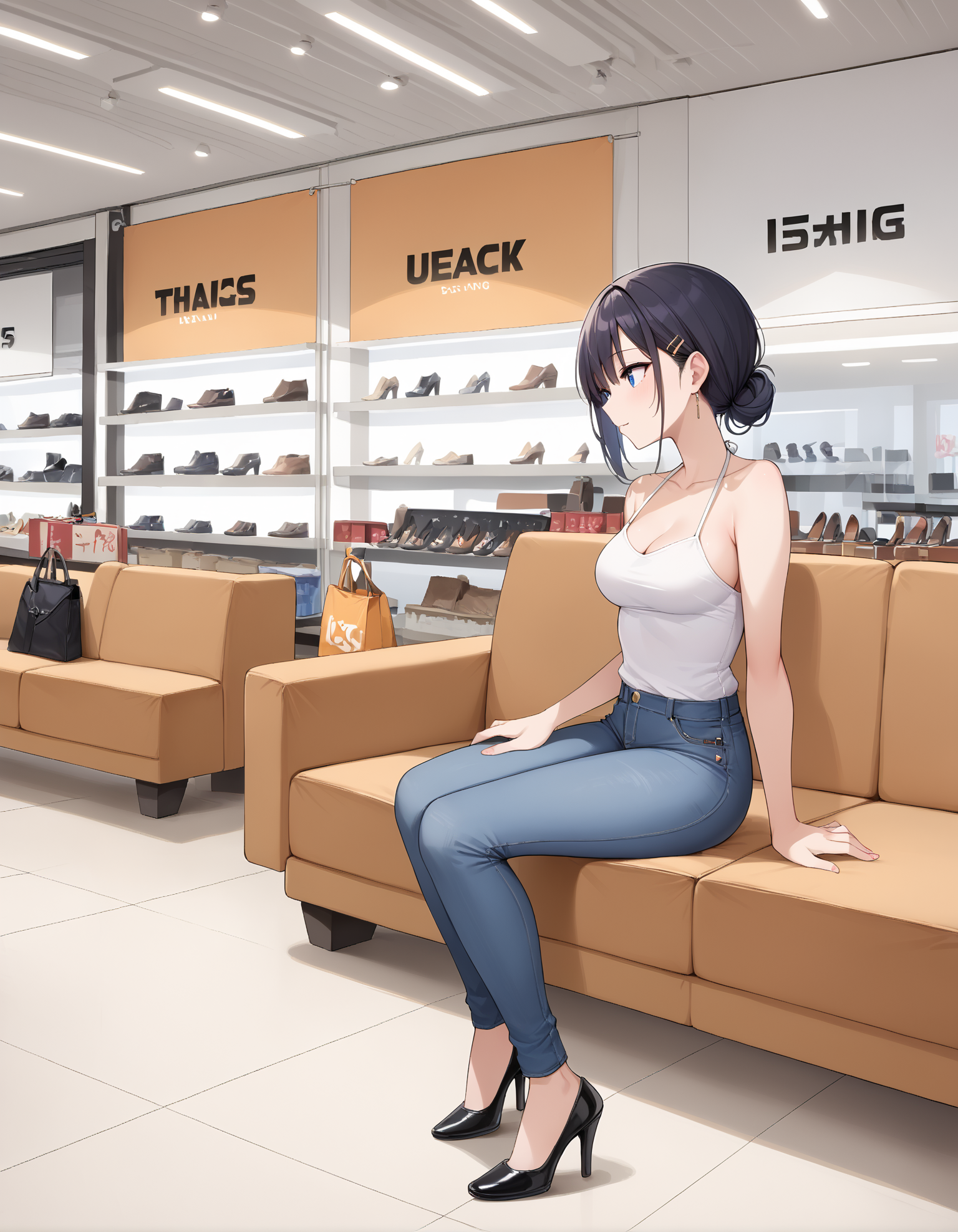 score_9, score_8_up, score_7_up, score_6_up, score_5_up, score_4_up, source_anime,
1girl,
sitting, from side, jeans, halter top, heels,
medium breasts, age30,
sh0est0re, (store:0.1), interior,
embedding:zPDXL2 ,