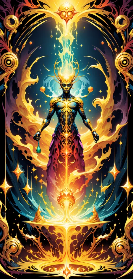 "A stylized Tarot card titled 'The Eternal Alchemist,' featuring a figure standing before a vast, glowing cauldron filled with liquid light. The Alchemistâs body is a blend of organic and mechanical, with intricate, metallic veins coursing with energy, their eyes reflecting the endless possibilities of creation. They hold a vial in one hand, from which drops of luminescent liquid fall into the cauldron, causing ripples of energy to radiate outward. The background is a surreal mix of swirling, vibrant colors and abstract, technetic patterns, evoking a sense of transformation and limitless potential. The cardâs border is adorned with complex, interlocking symbols and gears, glowing in a radiant spectrum of golds and silvers."
<lora:abstract_render_flux:0.4>,<lora:Painted_World_Flux:0.8>,<lora:Dreamwave_FLUX:0.6>,<lora:dreamlands_flux:0.6>,