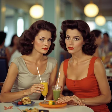 analog film photo  <lora:Technicolor style v2:1> Technicolor style
In the 1950's two women sitting at a table with drinks,multiple girls,brown hair,2girls,brown eyes,sitting,parted lips,food,cup,chair,table,curly hair,drinking straw,realistic,glass , vivid color, cinematic look, film look, filmic, contrast, detailed, high quality, sharp image, film color, Kodak, Motion Picture, Film style, different color, vivid color, different people, different look, different style, 35MM Film, 16MM Film, Photographic film, artistic style, cinematic style, film granularity, film noise, image noise, artistic effect, Fujicolor, Fuji film, Analog photography, movie style, movie still, Film grain overlay, Film Grain style, Technicolor style . faded film, desaturated, 35mm photo, grainy, vignette, vintage, Kodachrome, Lomography, stained, highly detailed, found footage