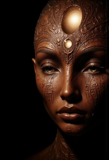 An ultra close-up portrait of an Ancient Hindu Devi, showing just over half of her face, framed asymmetrically from the left. Her head is tilted slightly upward, creating an intimate, haunting perspective.
Her head is a hollow, featureless piece of carved wood, shaped into a smooth, rounded form without facial features. Only the left half of the wooden head is visible, showing the rich texture of polished wood with faint carved patterns resembling sacred mantras.
In the center of her forehead, there is a Third Eye-shaped cutout, its edges smooth and precise, resembling the Ajna chakra symbol. The void is hollow and dark, but a soft, golden light glows dimly within, casting delicate rays through the Third Eye-shaped cutout. The light is ethereal and mystical, creating a divine, supernatural aura.
The wooden surface is smooth and polished, reflecting the soft golden light faintly. The Third Eye-shaped void draws the viewer’s gaze into the empty darkness within, symbolizing cosmic vision and divine consciousness.
The background is shadowy and minimal, fading into darkness, ensuring the focus remains on the wooden head and the dim golden light. The contrast between the ancient, divine symbol and the modern, surreal void creates a haunting narrative of spiritual awakening and divine emptiness.