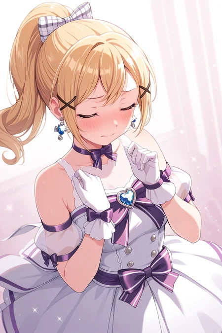 masterpiece, best quality, amazing quality,
<lora:Arisa_IL:1> arisa, 1girl, x hair ornament, solo, closed eyes, gloves, dress, ponytail, white gloves, hair ornament, blush, jewelry, bow, detached sleeves, earrings, blonde hair