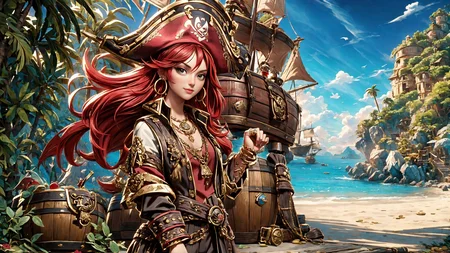 (young redhead pirate woman), (portrait), (parrot:1.2), sharp focus, (ultradetailed), (standing), (happy) smile, pirate (ship galleon:1.2, hoop earrings, gold medallion, Rose Red pirate clothes, pirate hat, hips, pirate (village), leafy beach coast, (treasure chest with coins, gems and jewels:1.2), (rum barrel), best quality masterpiece, bright sunny sky, backlight, natural lights, high contrast, hdr, shadows, pretty, beautiful, feminine, sexy, adorable, lovely, in love, (PirateDiffusionprt:0.5), <lora:Pirate:0.3> PrateT <lora:PirateRealms:0.3> <lora:Detail Tweaker LoRA add_detail:0.8> <lora:depth_of_field_slider_v1:5> <lora:SDXLrender_v2.0:0.9>