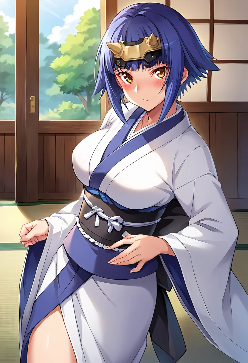 score_9, score_8_up, score_7_up, source_anime, masterpiece BREAK rating_safe, ct_k4guya, blue hair, short hair, large breasts, forehead protector, looking at viewer, indoors, japanese home, cowboy shot, kimono, sash, blush, <lora:Kaguya_OnnaKanbu_Pony_ct:0.9>