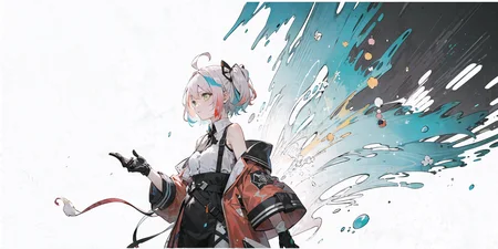 from side,(Multicolored hair:1.3),Pink hair,Light blue hair,Colored inner hair,blue hair,green hair,light green hair,aqua hair,white hair,Orange hair,red hair,((disheveled hair)),Short hair,Big hair,Ahoge,Parted lips,(baggy clothes:1.2),solo,(upper body),cowboy shot,standing,grey background,simple background,
(drawn by Pomu:1.4),NanaseKurumi,solo,(upper body),Standing,cowboy shot,off-shoulder,street wear,
(splatter background:1.5),simple background,outline,watercolor (medium),concept art, masterpiece, best quality, <lora:animeLineartMangaLike_v30MangaLike:1>