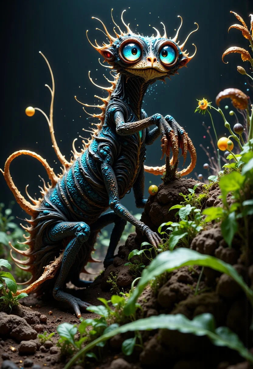 Envision a bizarre and whimsical monster, an uncanny blend of a cat and a praying mantis. Its body combines the sleek, agile form of a cat with the segmented, chitinous texture of a mantis, featuring six limbs. The two front limbs assume the typical praying posture of a mantis. Adorned with bioluminescent spots that cast an eerie glow, it presents an enchanting yet unsettling appearance. It possesses sleek, cat-like limbs that enable unexpectedly agile movements and large, luminous eyes filled with curiosity. This extraordinary creature roams an environment filled with dense, lush foliage, where tall grasses and wildflowers sway gently in the breeze. The vibrant greens and rich earth tones of this habitat provide both camouflage and a stage for this creature’s intriguing displays, embodying the strange beauty of undiscovered biodiversity with its intriguingly alien appearance.