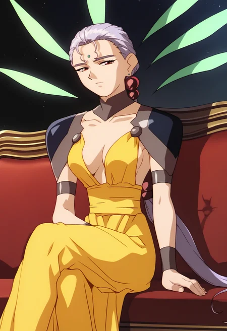 score_9, score_8_up, score_7_up, score_6_up, anime screencap, anime coloring, <lora:SOKei_epoch_8:0.9>, SOKei, 1girl, light purple hair, very long hair, low ponytail, hair ornament, red eyes, bindi, earrings,
shoulder pads, collar, backless dress, yellow dress, cleavage, bracelet, armlet,
from side, looking at viewer, expressionless, sitting, couch, crossed legs, 
BREAK space, star \(sky\),