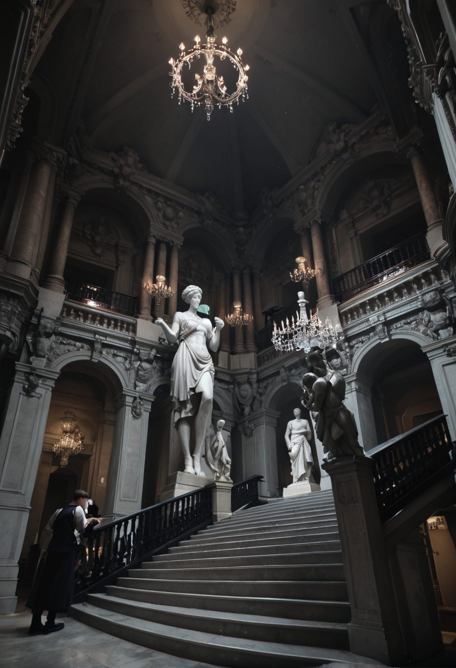 ,ruanyi0762,chandelier,statue,indoors,pillar,stairs,<lora:0762 opera house_v1_pony:1>, score_9,score_8_up,score_7_up,,8k,1girl,solo,
