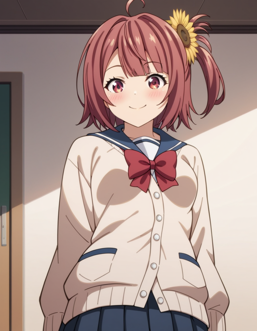 score_9, score_8_up, score_7_up, source_anime, uncensored, <lora:StS_detail_slider_v1:3>, zPDXLxxx, <lora:Aoi_Hinata_PONYXL_VexVexX:1>, AoiHinata, 1girl, red eyes, red hair, short hair, one side up, ahoge, hair ornament, hair flower, sunflower hair ornament, small breasts, school uniform, serafuku, pleated skirt, cardigan, red bow, cowboy shot, bedroom, __PERSPECTIVE__, __POSES_CLOTHES_2__, smile