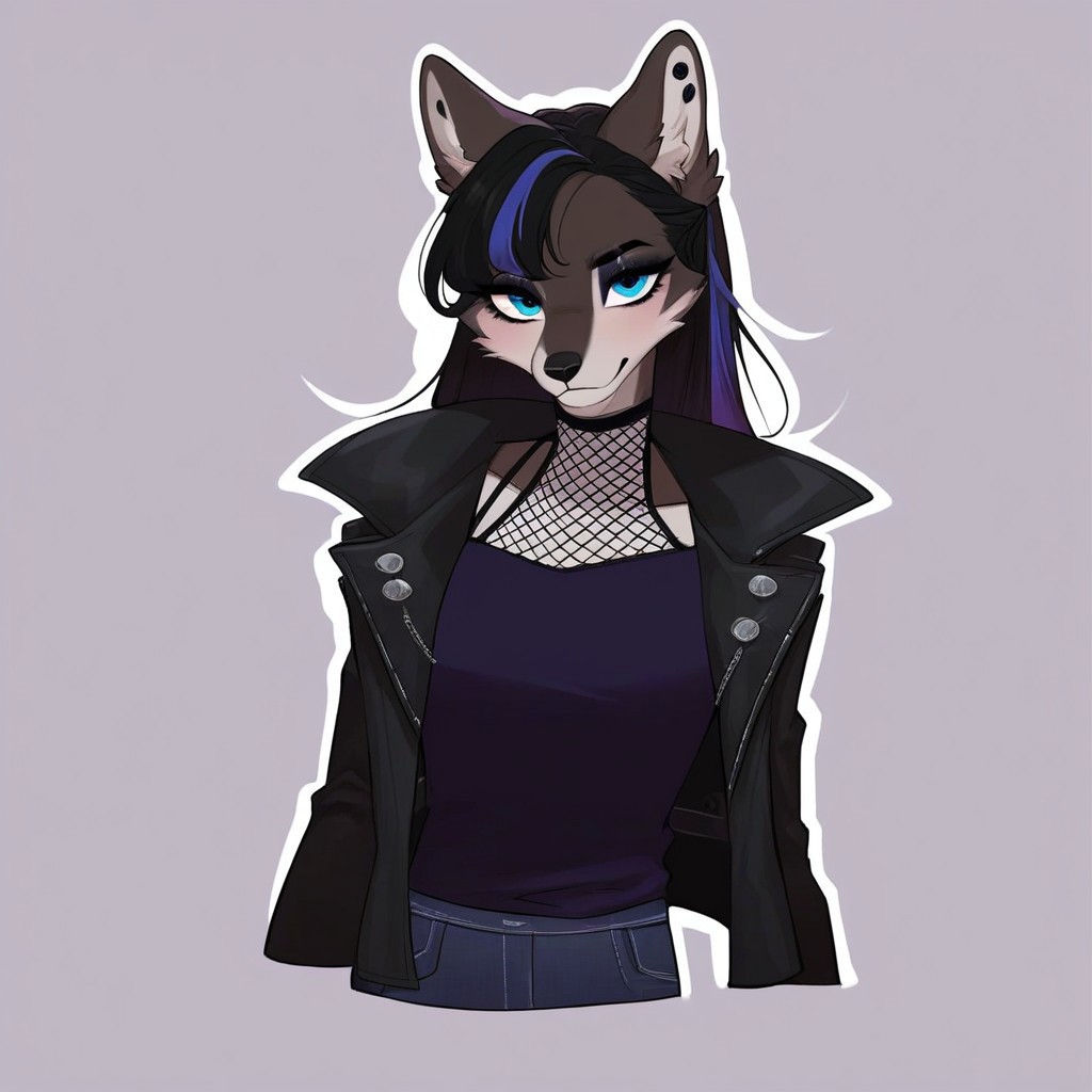 digital_media_(artwork) hi_res, score_9, score_8_up, score_7_up, score_6_up, score_5_up, score_4_up, rating_safe, beautiful, intricate, high quality details, highly detailed, amazing quality, anthro, furry, female, detailed textured fur, fur tufts, fluffy,  cute, cute face, small, detailed sexy eyes, solo, SFW, wolf, expressive, sassy,  multicolored hair, streaked hair, absurdres, highres, long sleeveless halter neck sweater, baggy denim pants, fingerless gloves, sleeveless leather jacket, clothed slim, clothed slender, clothed skinny, goth, heavy eyeliner, heavy eye shadow, breasts, vivid colors,
