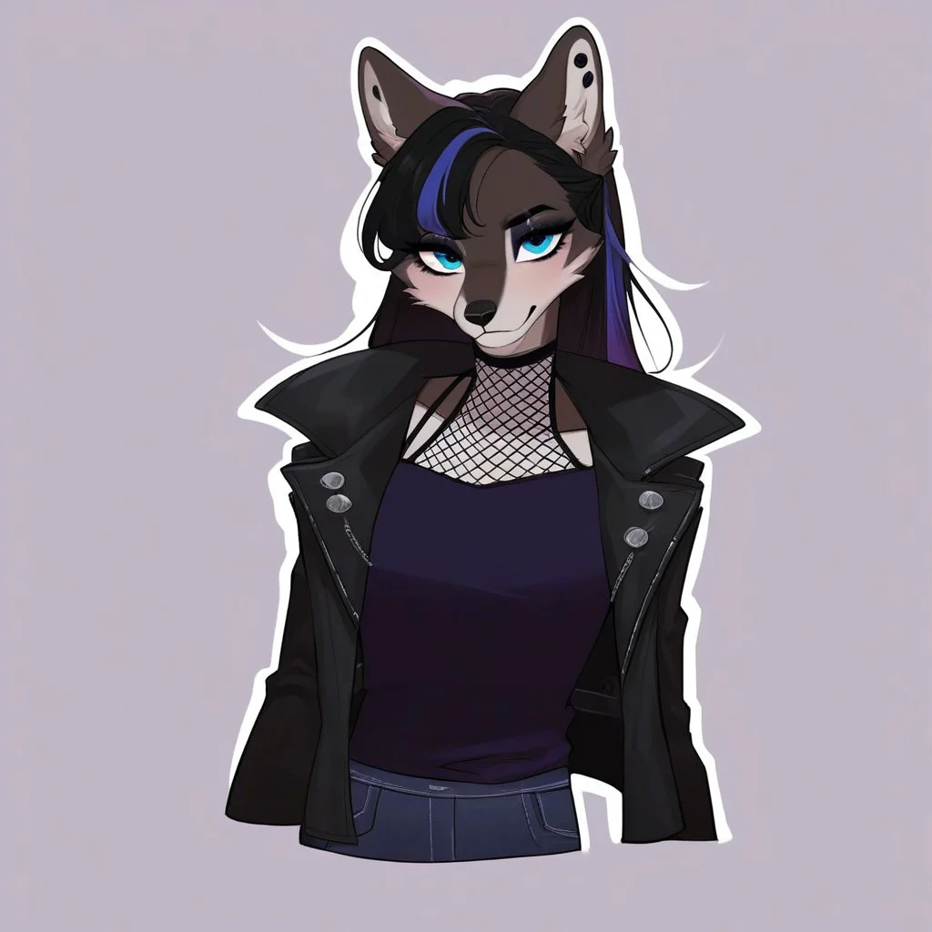 digital_media_(artwork) hi_res, score_9, score_8_up, score_7_up, score_6_up, score_5_up, score_4_up, rating_safe, beautiful, intricate, high quality details, highly detailed, amazing quality, anthro, furry, female, detailed textured fur, fur tufts, fluffy, cute, cute face, small, detailed sexy eyes, solo, SFW, wolf, expressive, sassy, multicolored hair, streaked hair, absurdres, highres, long sleeveless halter neck sweater, baggy denim pants, fingerless gloves, sleeveless leather jacket, clothed slim, clothed slender, clothed skinny, goth, heavy eyeliner, heavy eye shadow, breasts, vivid colors,