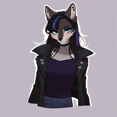 digital_media_(artwork) hi_res, score_9, score_8_up, score_7_up, score_6_up, score_5_up, score_4_up, rating_safe, beautiful, intricate, high quality details, highly detailed, amazing quality, anthro, furry, female, detailed textured fur, fur tufts, fluffy, cute, cute face, small, detailed sexy eyes, solo, SFW, wolf, expressive, sassy, multicolored hair, streaked hair, absurdres, highres, long sleeveless halter neck sweater, baggy denim pants, fingerless gloves, sleeveless leather jacket, clothed slim, clothed slender, clothed skinny, goth, heavy eyeliner, heavy eye shadow, breasts, vivid colors,