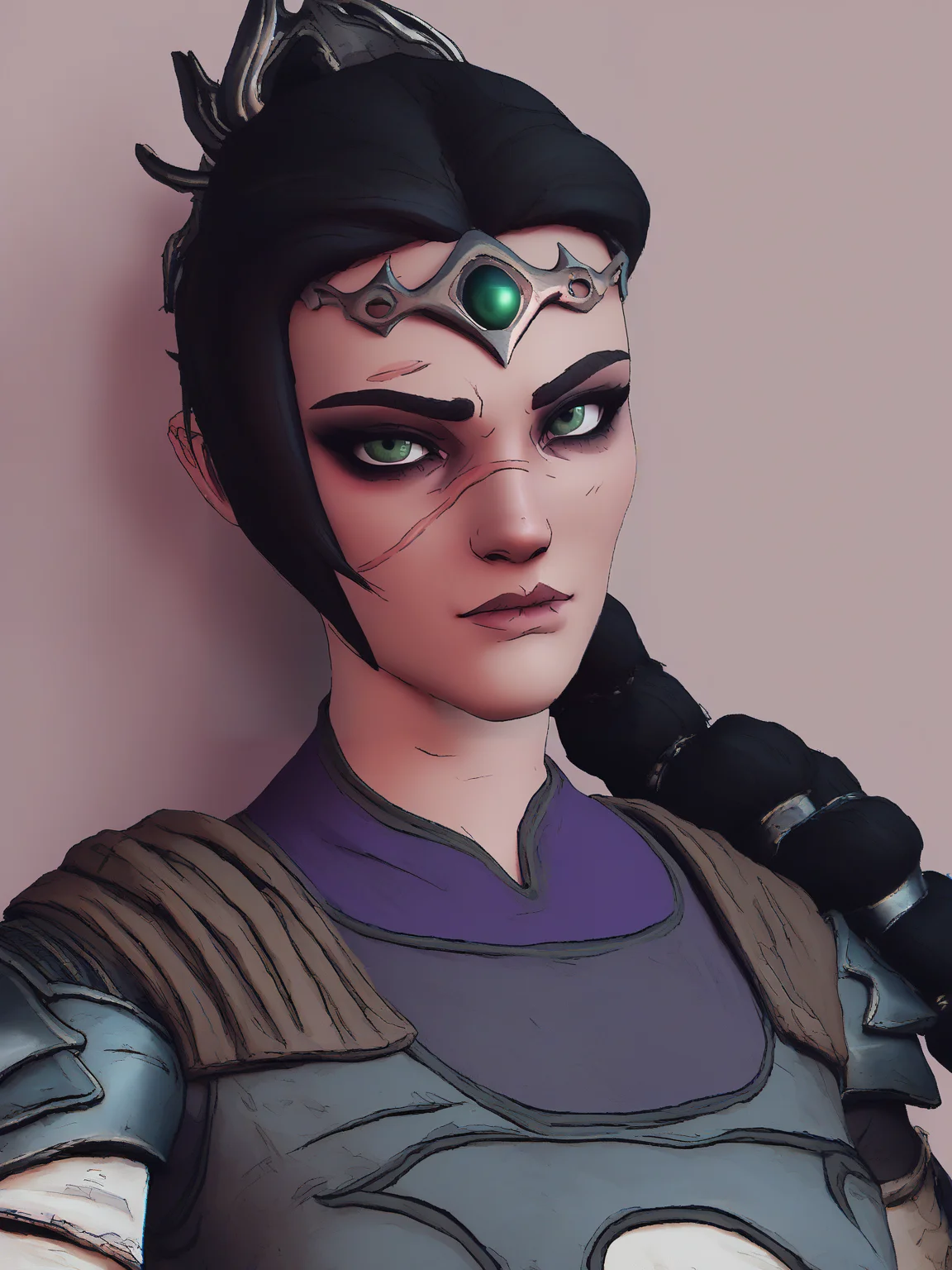 score_9, score_8_up, score_7_up, score_6_up, score_5_up, score_4_up, bdlds, BREAK, source_cartoon, source_anime, 1girl, solo, shadowheart, black hair, braided ponytail, green eyes, scar on face, circlet, looking at viewer, armor, upper body <lora:ShadowHeartXL:0.8> <lora:BorderlandsXL:1>
