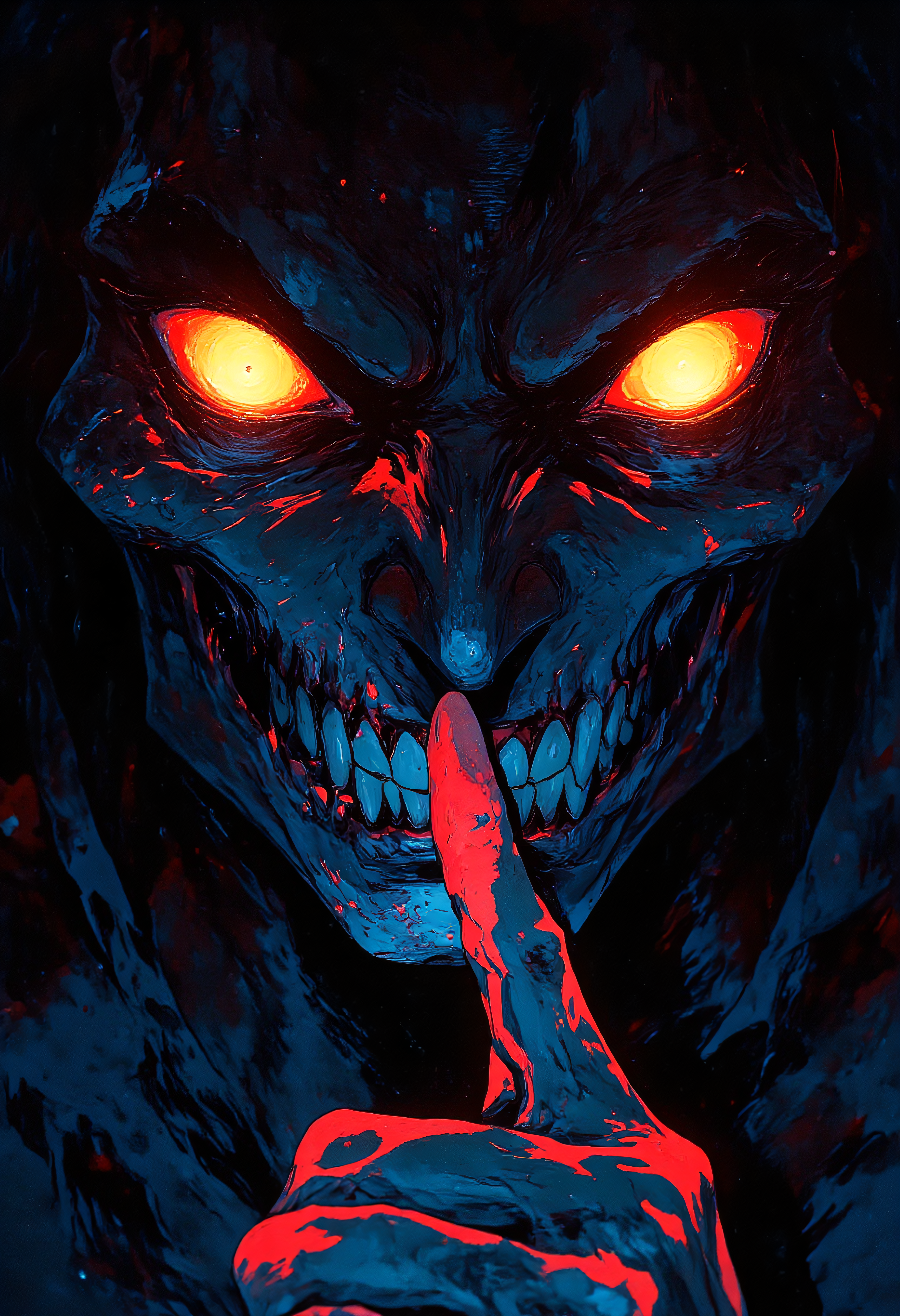 An angry evil bold villain, glowing eyes, looking directly at viewer, holds a finger to his lips, as to tell the viewer to keep quiet, menacing, evil, dark, vibrant glow, high color contrast, light and dark
