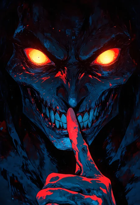 An angry evil bold villain, glowing eyes, looking directly at viewer, holds a finger to his lips, as to tell the viewer to keep quiet, menacing, evil, dark, vibrant glow, high color contrast, light and dark